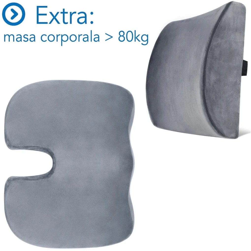 Set Perne Ortopedice Fermitate Extra - Pentru masa corporala peste 80 KG | Perna lombara si Perna sezut Suporto®️ Coccis din spuma cu memorie|