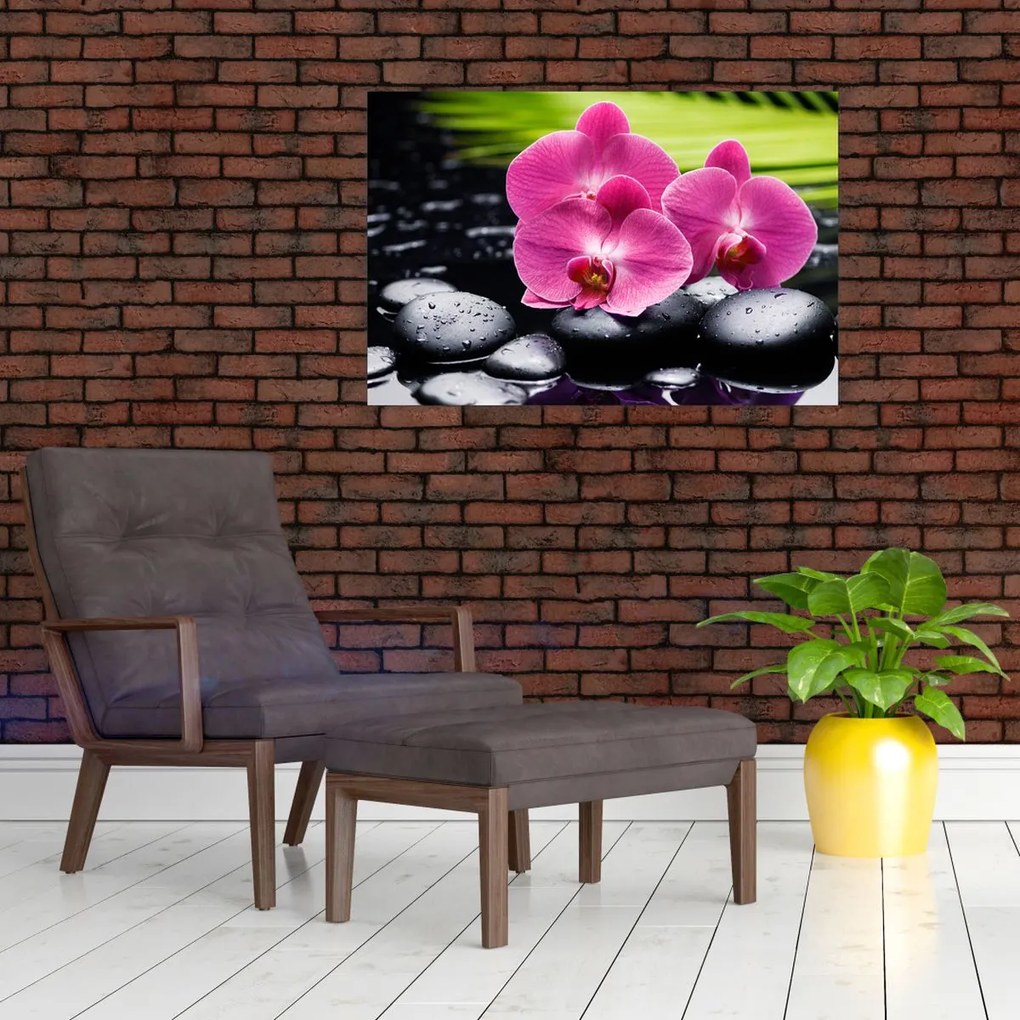 Tablou - Orhidee roz cu frunze de palmier (90x60 cm)