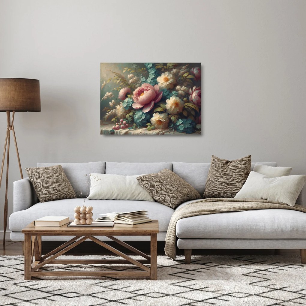 Tablou pe sticlă - Natură moartă cu flori - pictură (70x50 cm)