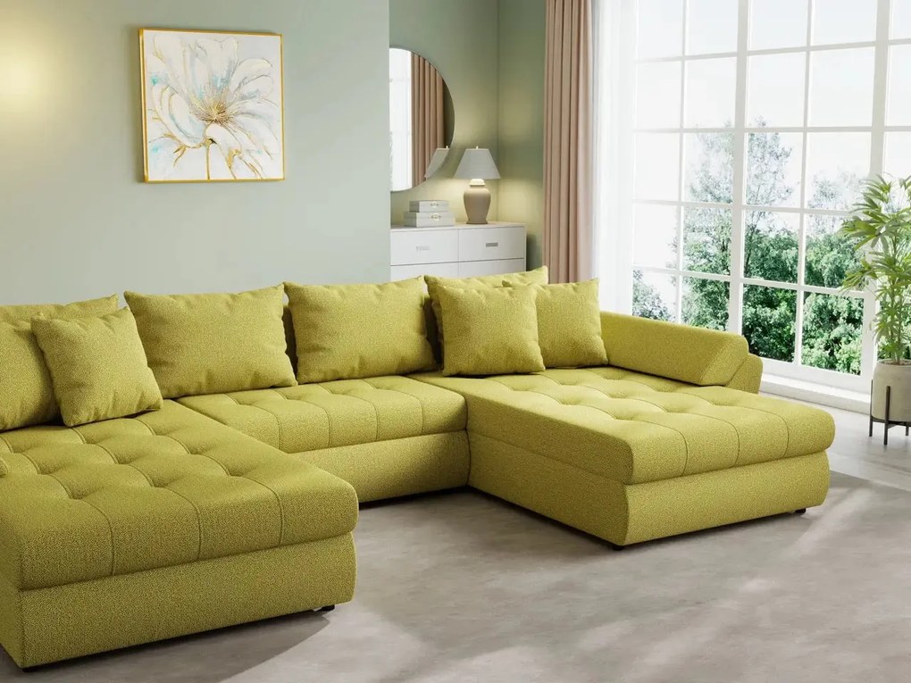 Colțar extensibil dumonde cu ladă de depozitare si sezut confortabil din spuma high-density, Loana U Enjoy Green 355x185 cm