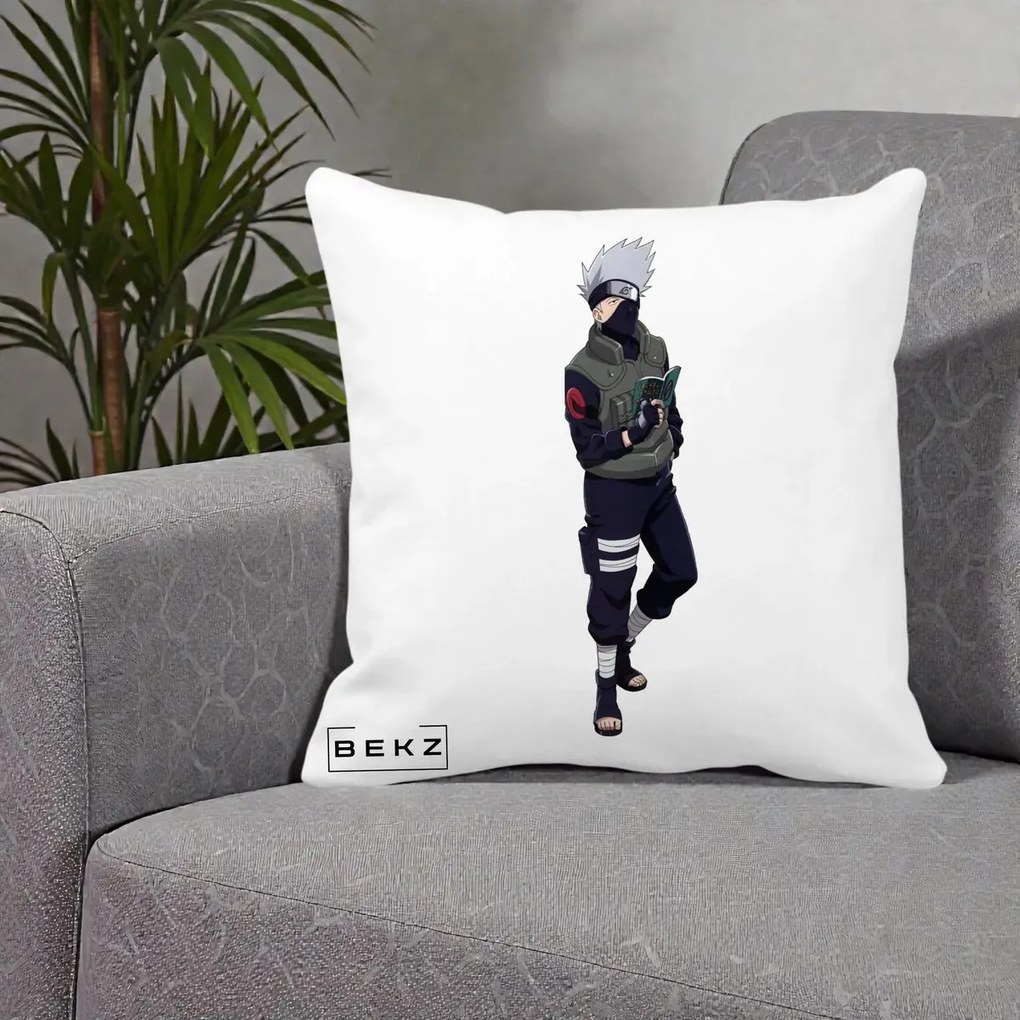 Perna Personalizata Naruto Kakashi Hatake Portret Complet, 40x40 cm, Alba Mata, Husa Detasabila, Perna Inclusa, BEKZ®