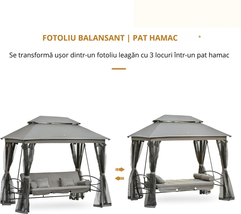 Outsunny Balansoar 3 Posti si Sezlong cu Copertina tip Foisor cu Plasa Impotriva Tantarilor si Perne, Gri Inchis 256x172x248cm