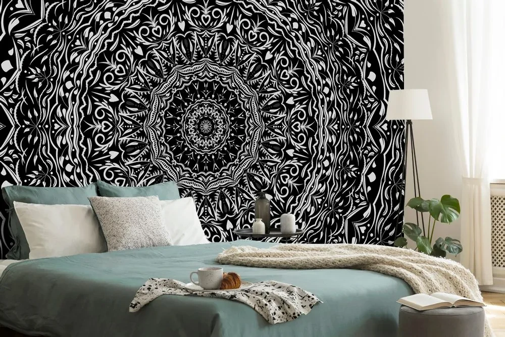 Tapet autoadeziv Mandala în stil vintage în alb-negru