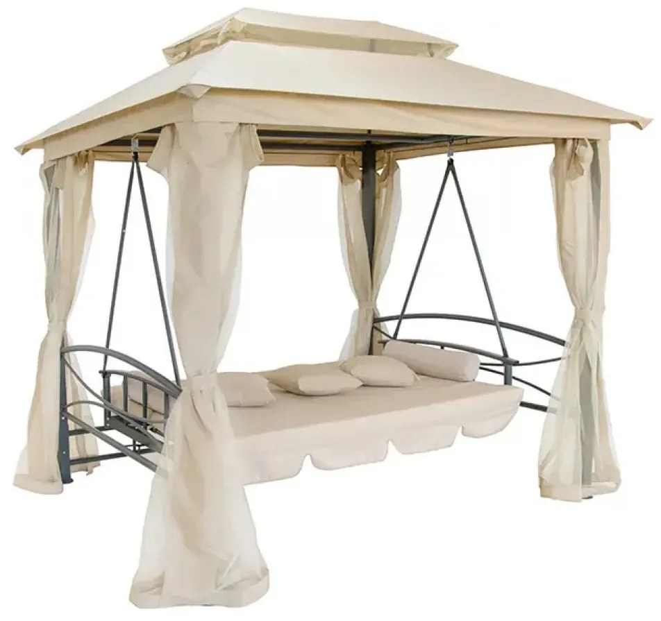 Foisor de gradină cu balansoar, canapea 3 locuri, pavilion gradina cu plasa tantari, cadru metalic, 252x175x250 cm, Bej