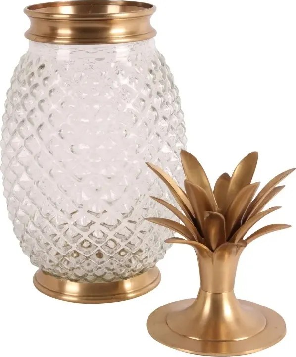 Borcan decorativ din sticlă și alamă, auriu, în formă de ananas, cu capac, 43 x 18 cm, „Tropea”