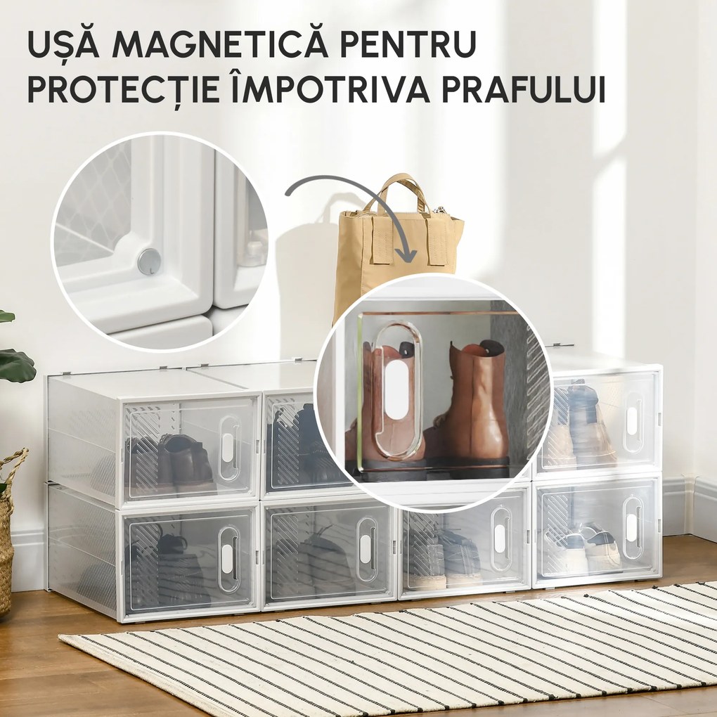 HOMCOM Mobilier pentru Încălțăminte cu Ventilație, 8 Cuburi din Plastic PP, Alb și Transparent, 28x36x21cm, Design Modern | Aosom Romania