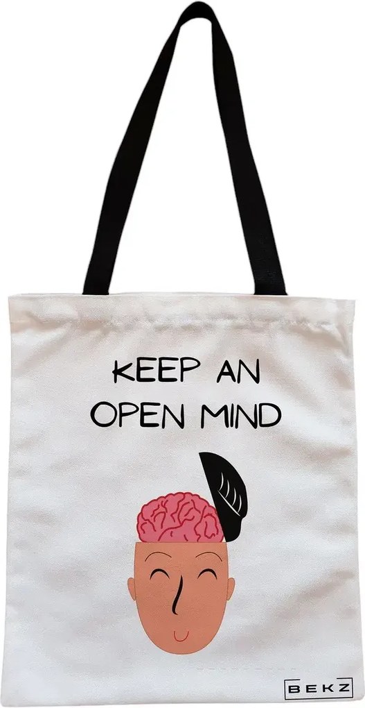 Sacosa de Panza pentru Cumparaturi, Geanta Tote, model Keep an open mind, Cu fermoar, 38x34.5 cm, Alba, BEKZ®