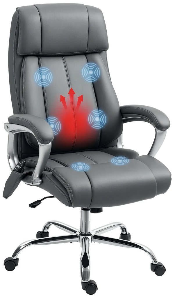 HOMCOM Scaun de Birou cu Masaj în 6 Puncte, Vibrant și Înclinabil, cu Buzunar și Telecomandă, 66x72x113-121 cm, Gri | Aosom Romania