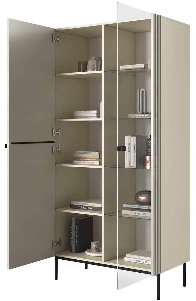 Vitrina Nicole 100 cm cu fata canelata - cashmir / picioare negre