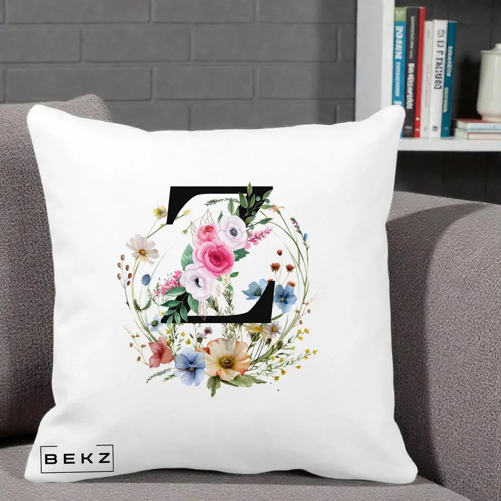 Cadou Personalizat - Perna Personalizata Monograma Florala Litera Z cu Coroana, 40x40 cm, Alba Mata, Husa Detasabila, Perna Inclusa, BEKZ®