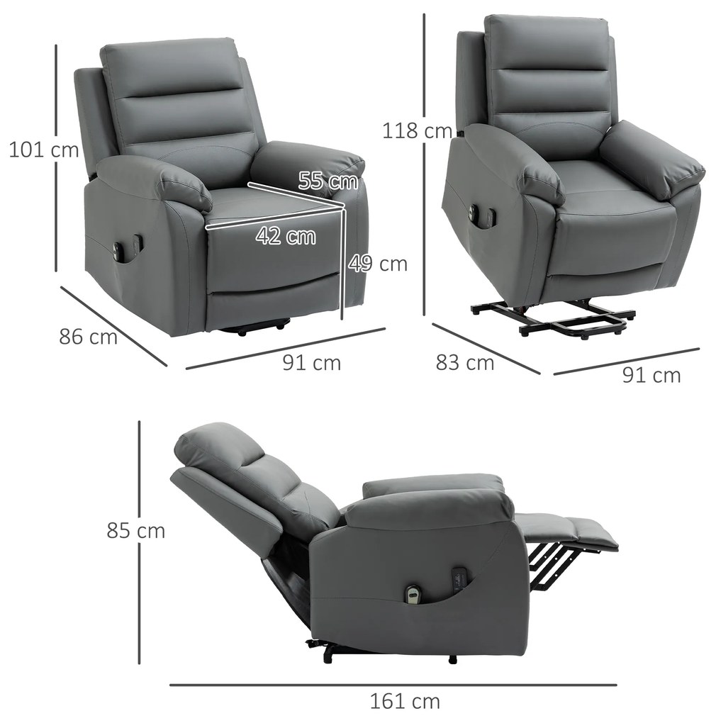 Fotoliu cu inclinare electric, din piele PU, cu masaj cu vibratii, buzunare laterale, gri HOMCOM | Aosom Romania