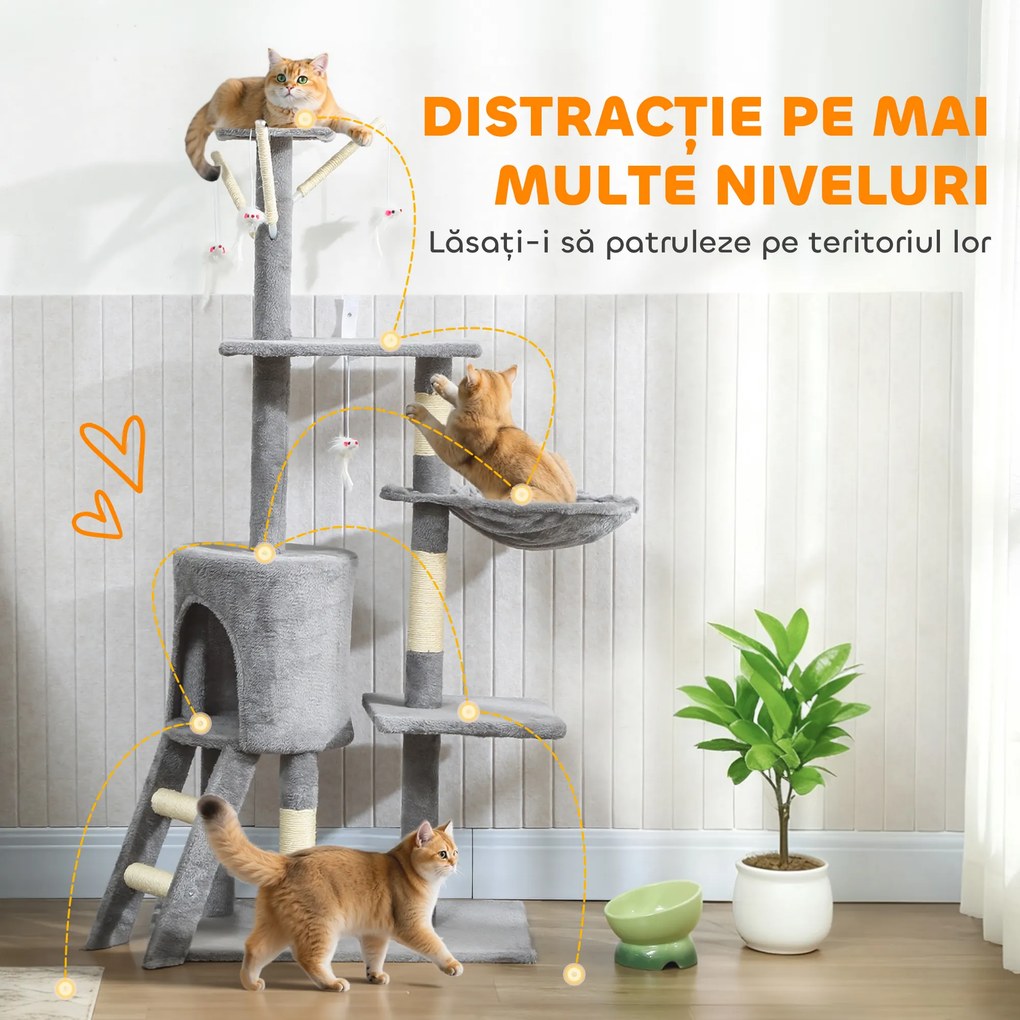 PawHut Ansamblu de joacă pentru pisici cu căsuță, stâlp de ascuțit gheare, platforme și 4 șoricei, 50x35x134.2 cm, gri | Aosom Romania