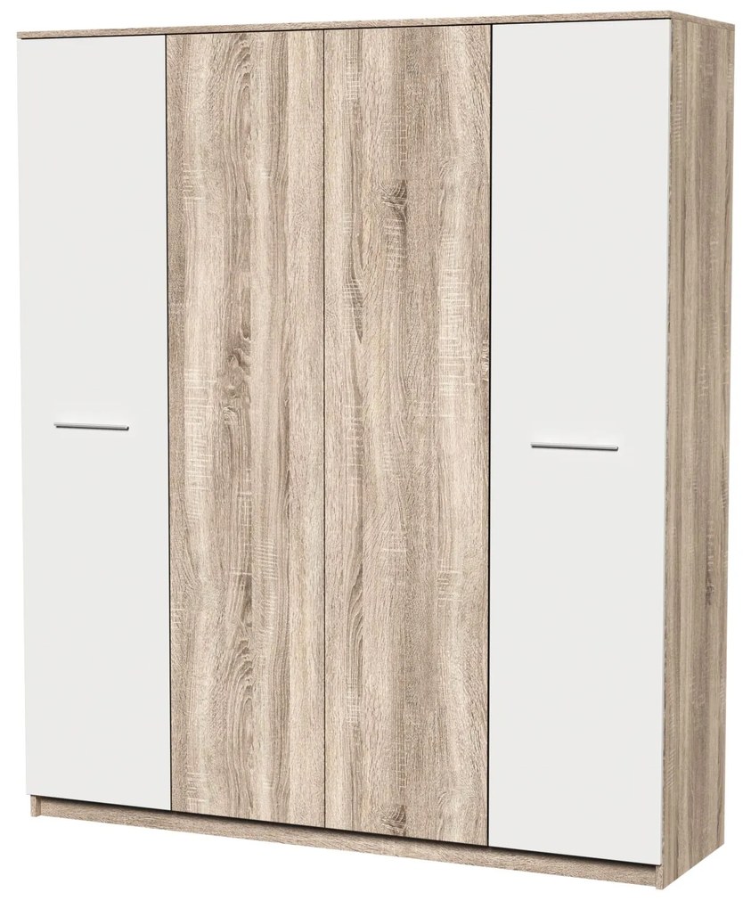 Dormitor Luiza 4U5P, culoare sonoma / alb, cu pat standard 140 x 200 cm, dulap cu 4 usi, comoda si 2 noptiere