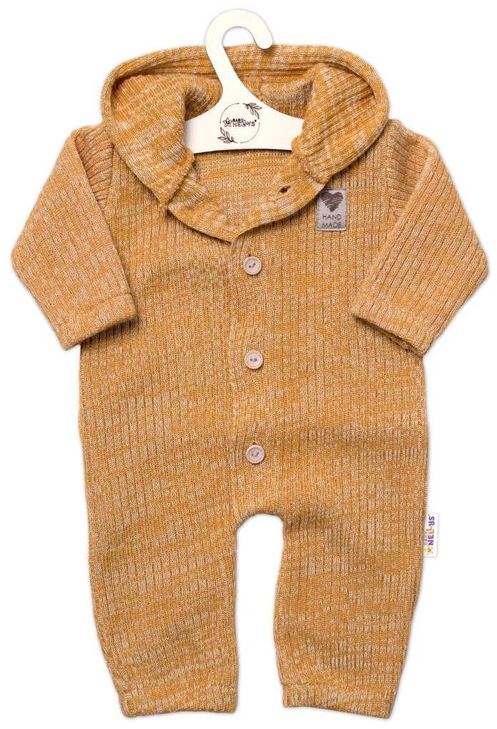 Baby Nellys Tricotat per total cu glugă și butoane Fabricat manual, miere înțepat 56-62 (0-3 m)