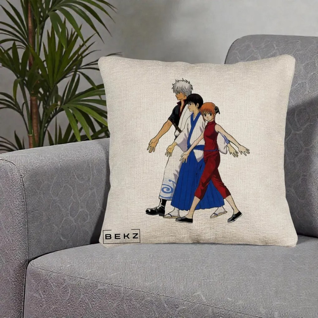 Perna Personalizata Gintama Trio Gintoki Shinpachi Kagura, 40x40 cm, Bej Canapea, Husa Detasabila, Perna Inclusa, BEKZ®