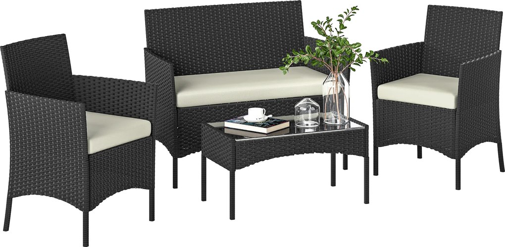 Outsunny Set Mobilier Grădină din Ratan Sintetic cu Canapea, Fotolii și Masă din Sticlă Securizată și Perne Negru și Crem | Aosom Romania