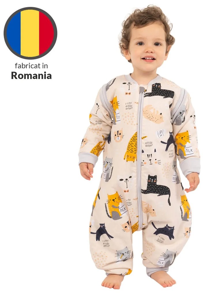 Sac de dormit copii din bumbac cu picioare si maneci detasabile 18-36 luni Kidizi Kitten Love, 1 tog,  pentru toamna-iarna, bumbac 100%