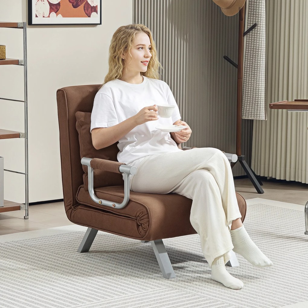 HOMCOM Fotoliu Pat Individual 2 în 1 Canapea Pat Pliabil cu Spătar Reglabil și Pernă pentru Living Dormitor 65x69x80 cm Maro | Aosom Romania