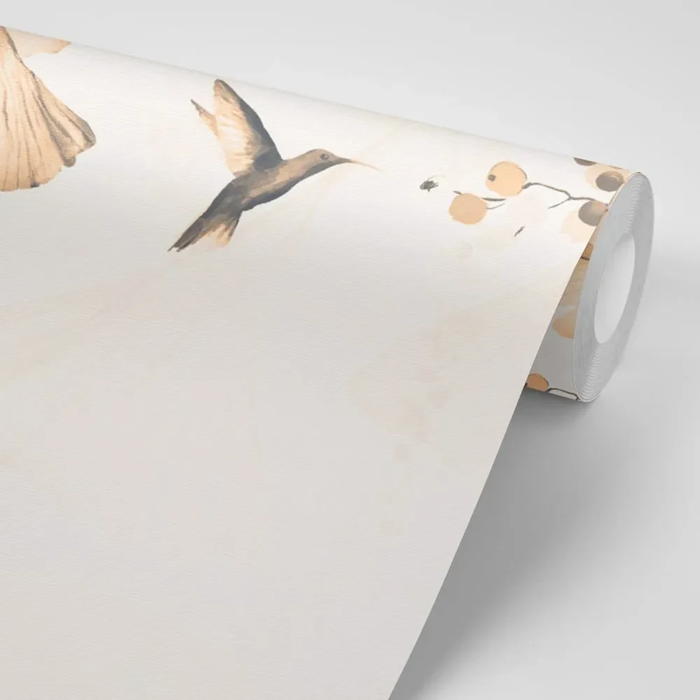 Tapet frunze cu colibri în umbra Peach Fuzz
