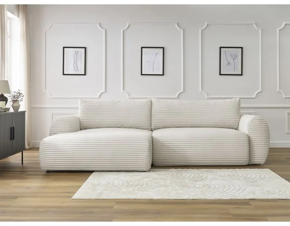 Colțar crem extensibil cu tapițerie din catifea reiată (cu colț pe partea stângă ) Lucien – Bobochic Paris