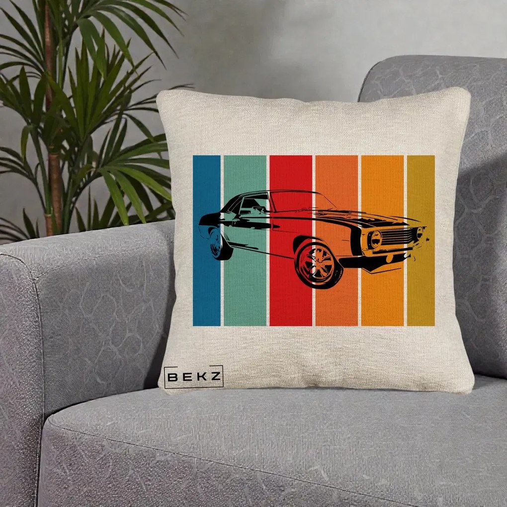 Perna Personalizata Masina Retro Muscle Car Grafic, 40x40 cm, Bej Canapea, Husa Detasabila, Perna Inclusa, BEKZ®