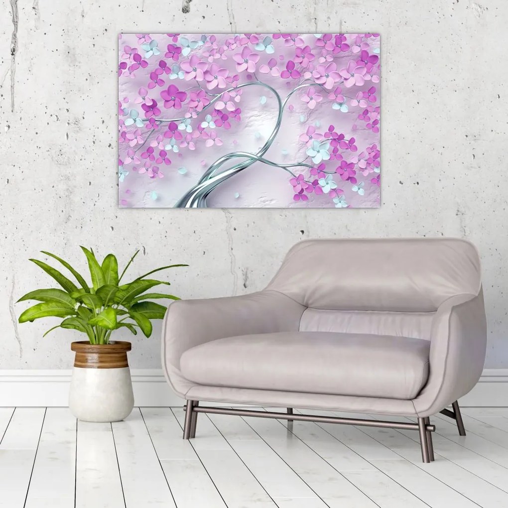 Tablouri cu flori pe trunchi argintiu - abstract (90x60 cm)