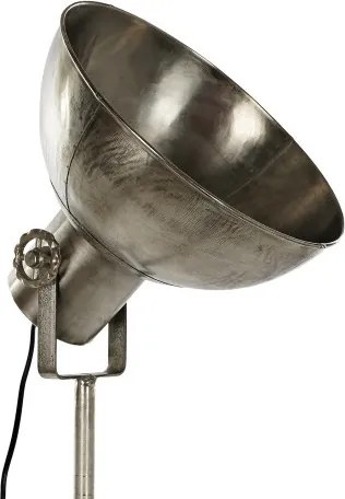 Lampă de podea industrială din metal, trepied reglabil, abajur tip reflector, finisaj argintiu antichizat, 74 x 61 x 182 cm, „Flashlight"