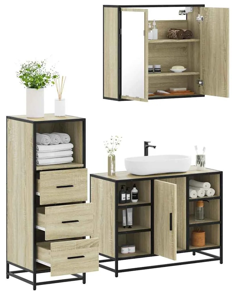 vidaXL Set mobilier de baie, 3 piese, stejar sonoma, lemn prelucrat