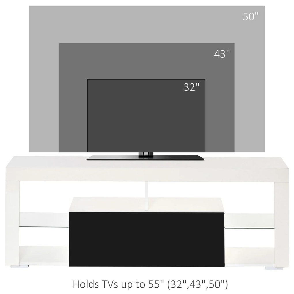 HOMCOM Suport TV cu Iluminare LED Multicoloră și Telecomandă, pentru Televizoare până la 55", Dulapior cu Sertare Lemn Alb Lucios | Aosom Romania