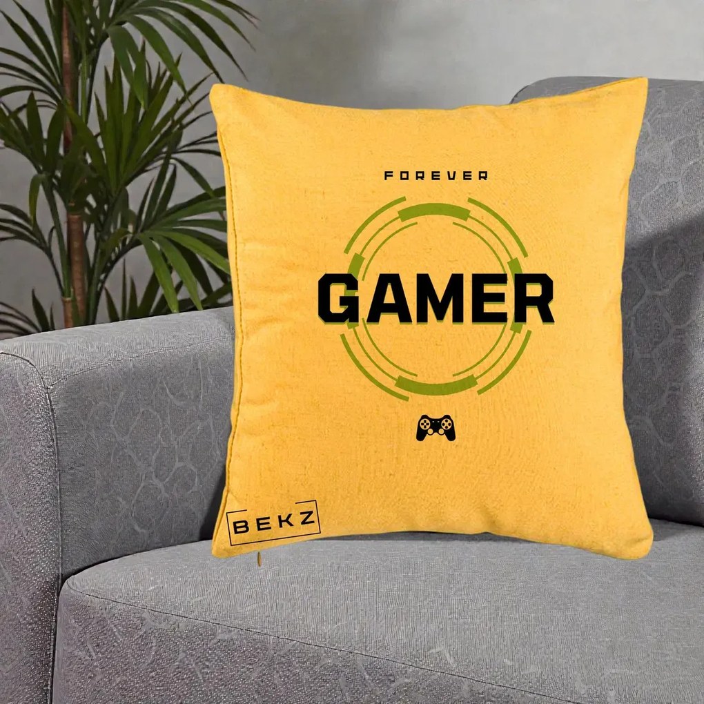 Perna Personalizata Forever Gamer, 40x40 cm, Galben, Husa Detasabila, Perna Inclusa, BEKZ®