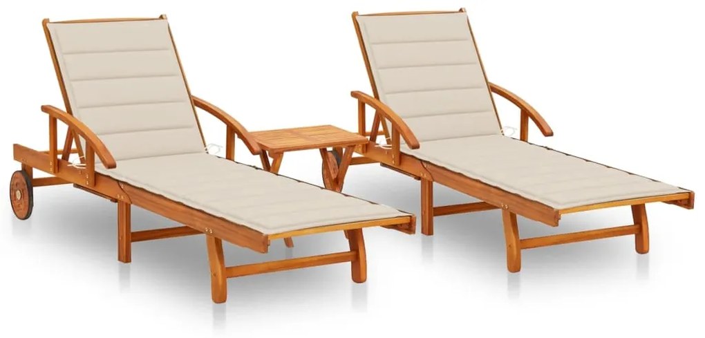 vidaXL Șezlonguri, 2 buc., cu masă și perne, lemn masiv de acacia