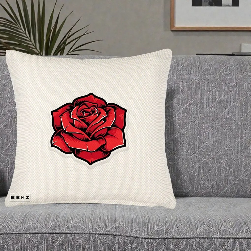 Perna Decorativa Trandafir Rosu Tattoo, 40x40 cm, Crem Reliefat, Husa Detasabila, Perna Inclusa, BEKZ®