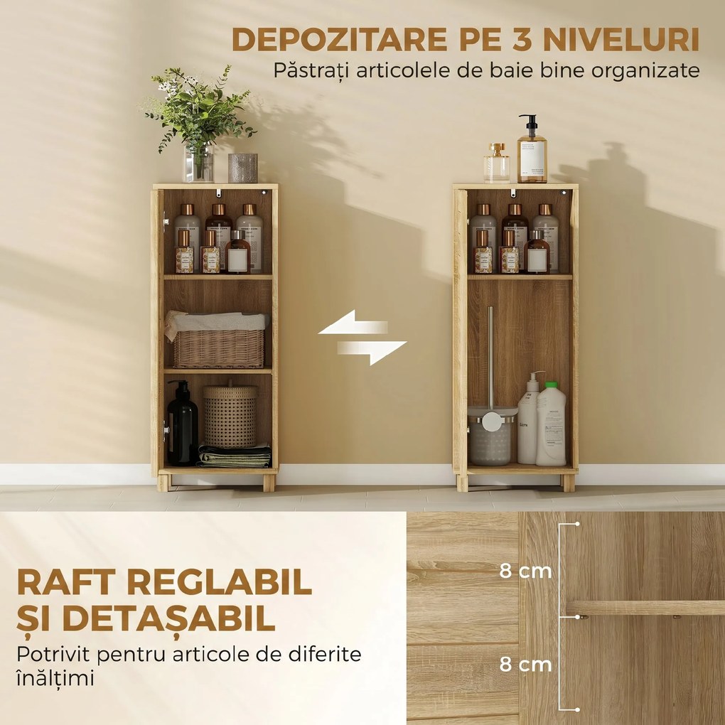 HOMCOM Dulap Slim pentru Baie cu Ușă cu Șipci, 3 Rafturi, Finisaj Natural | Aosom Romania