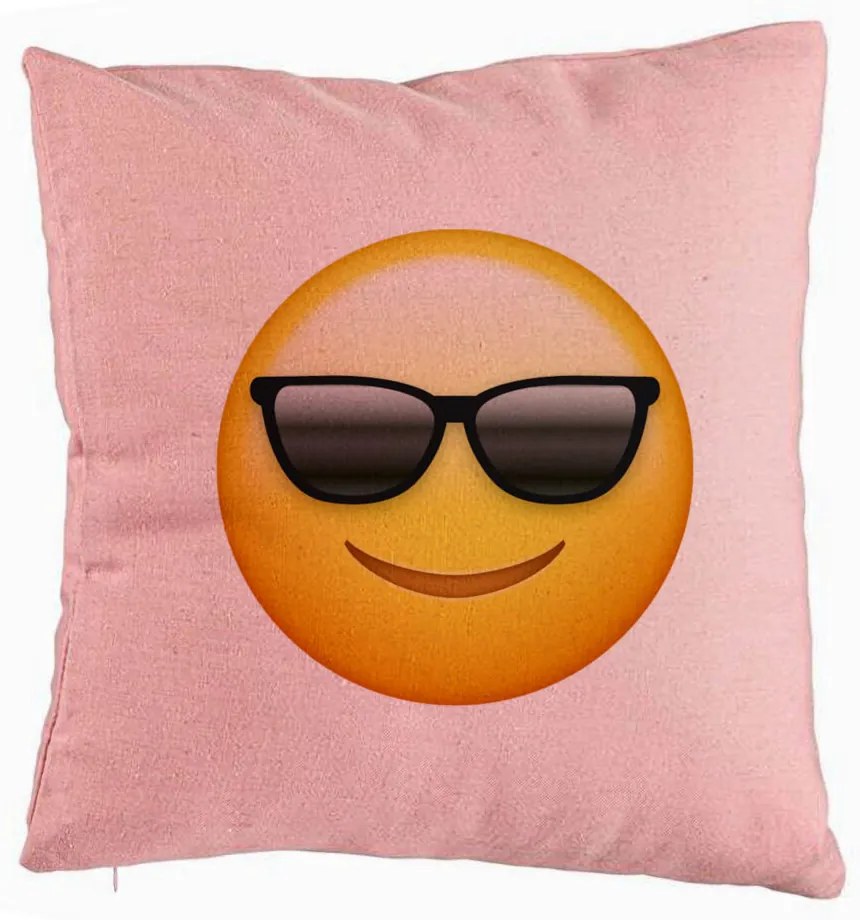 Perna Decorativa, Model Emoji Fata cu Ochelari, 40x40 cm, Roz, Husa Detasabila, Burduf