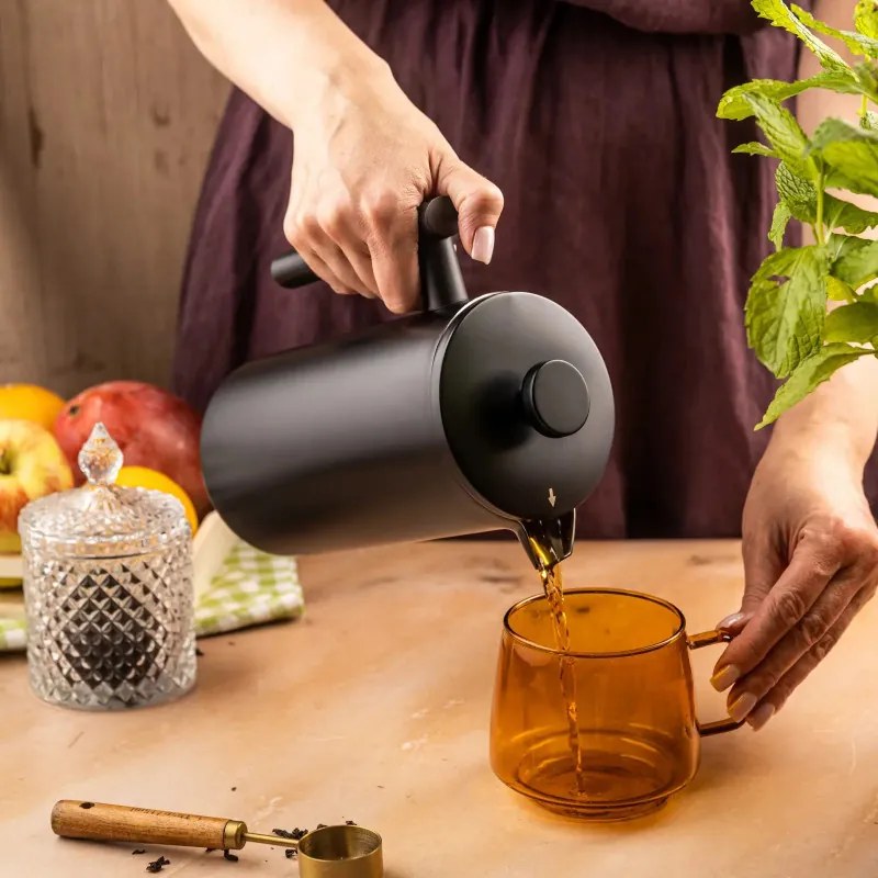 Presă franceză pentru cafea/ceai Kinghoff KH 1996, 1 l, Oțel inoxidabil, Pereți dubli, Negru