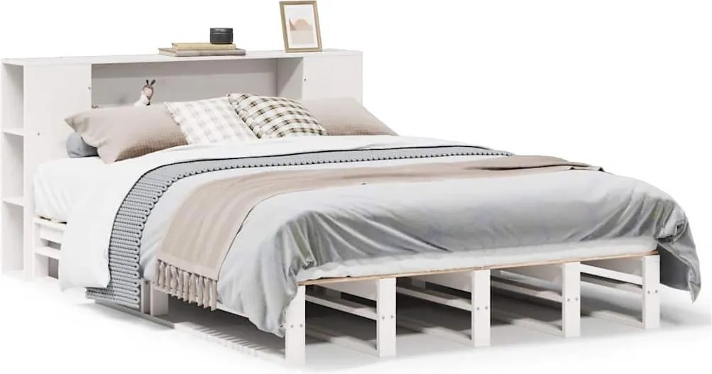 vidaXL Pat cu bibliotecă fără saltea, alb, 140x200 cm, lemn masiv