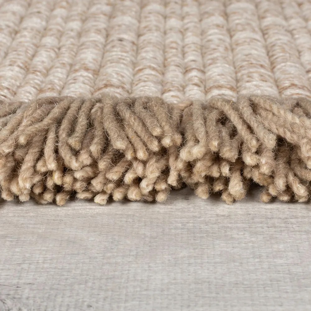 Covor bej țesut manual din amestesc de lână 200x290 cm Rene Fringed Ribbed – Flair Rugs