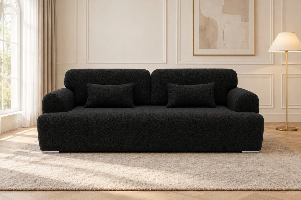 Canapea extensibilă Celeste din boucle, negru, cu ladă de depozitare