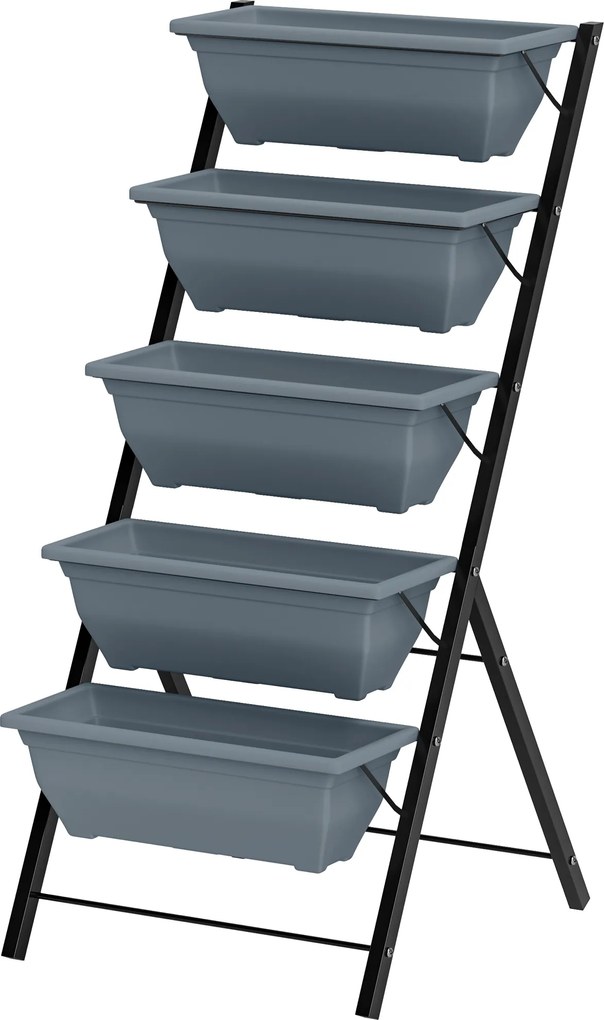 Outsunny Jardinieră înălțată cu niveluri jardinieră verticală cu 5 ghivece orificii de drenaj cadru din oțel gri | Aosom Romania