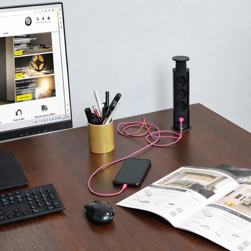 Priză încorporabilă în blat Lift Box Design Light, 3 prize Schuko, USB A + C, negru, D: 60 mm Plastic, Negru, D:60 mm