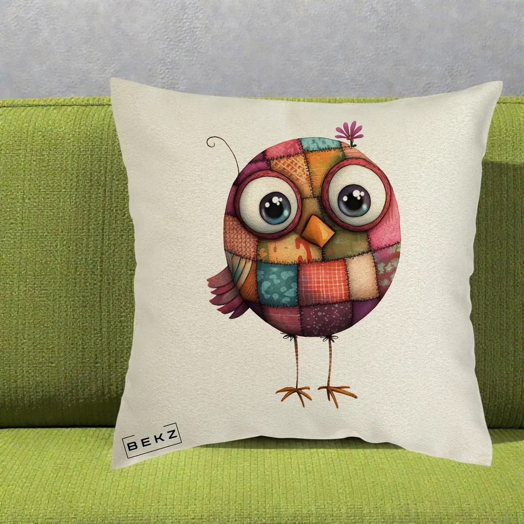 Perna Decorativa Pasare Patchwork Roz cu Floare, 40x40 cm, Ecru, Husa Detasabila, Perna Inclusa, BEKZ®