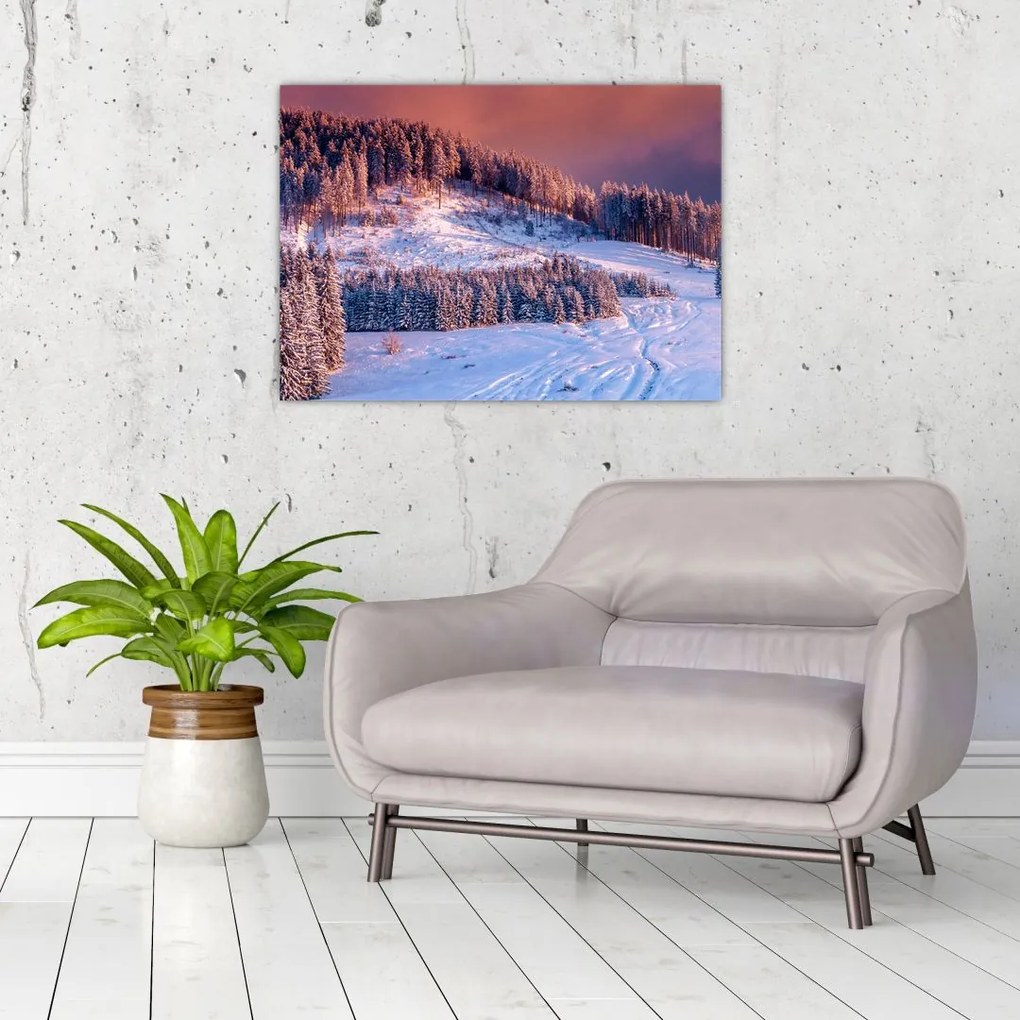 Tablou pe sticlă - Peisaj de iarnă (70x50 cm)