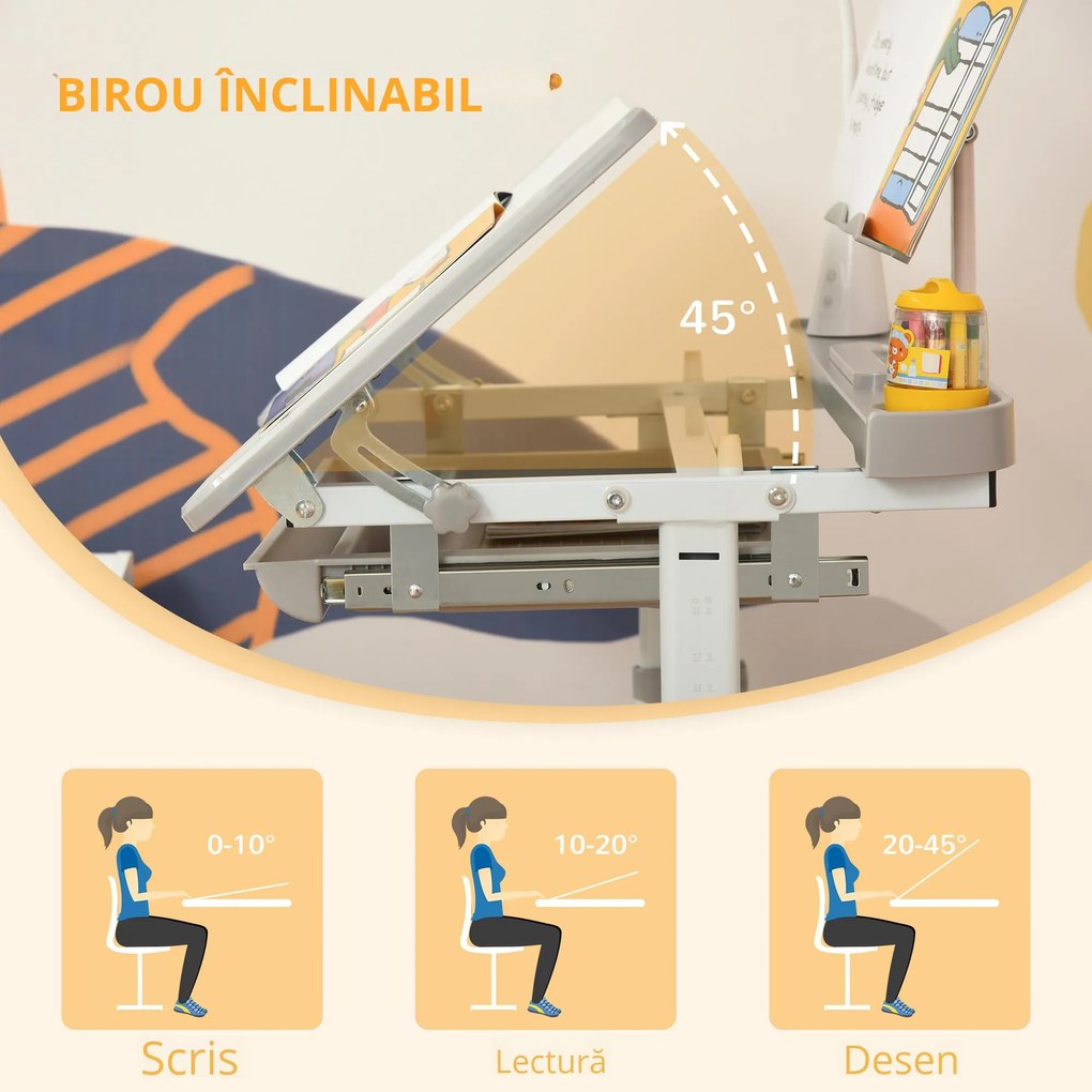 Homcom Set Birou Copii cu LED – Reglabil 6–12 Ani cu Blat inclinat | Aosom Romania