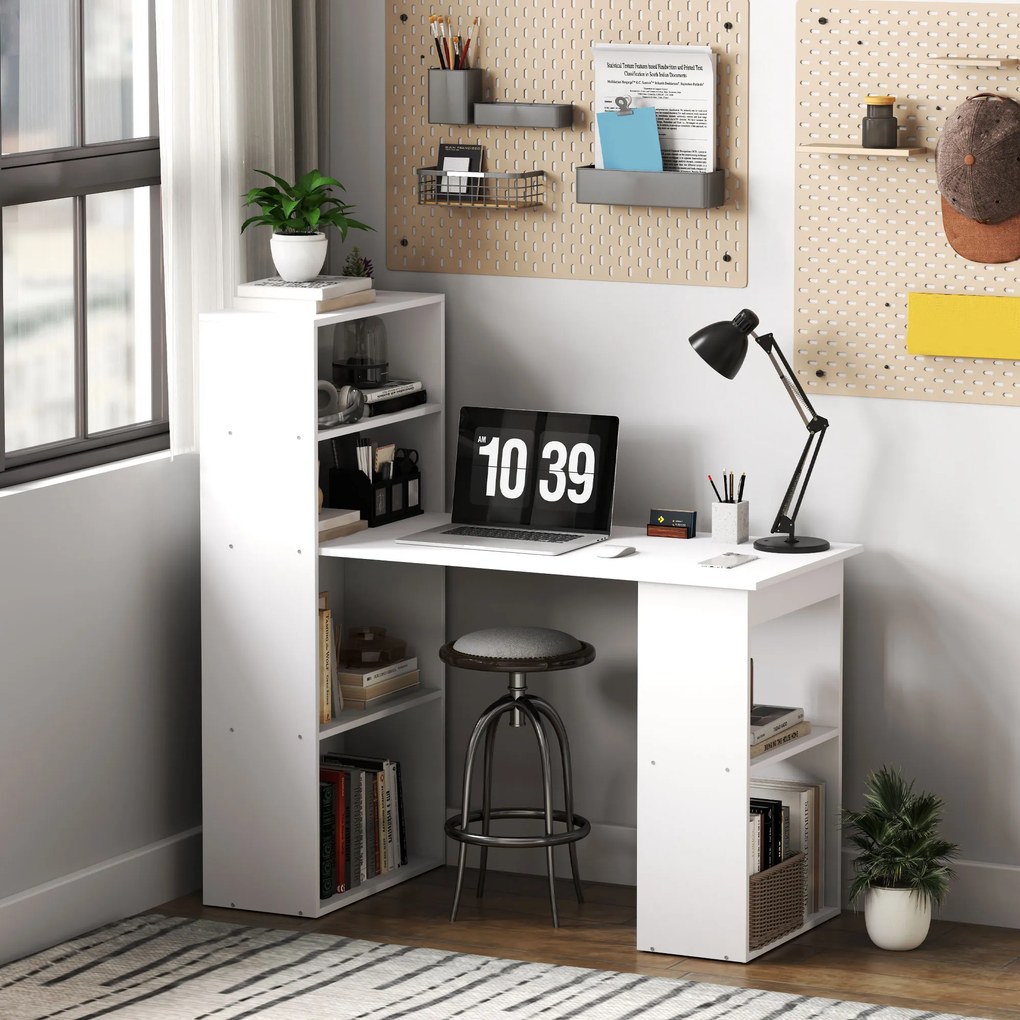 Birou alb modern cu biblioteca cu 6 rafturi din PAL,120x55x120cm HOMCOM | Aosom Romania