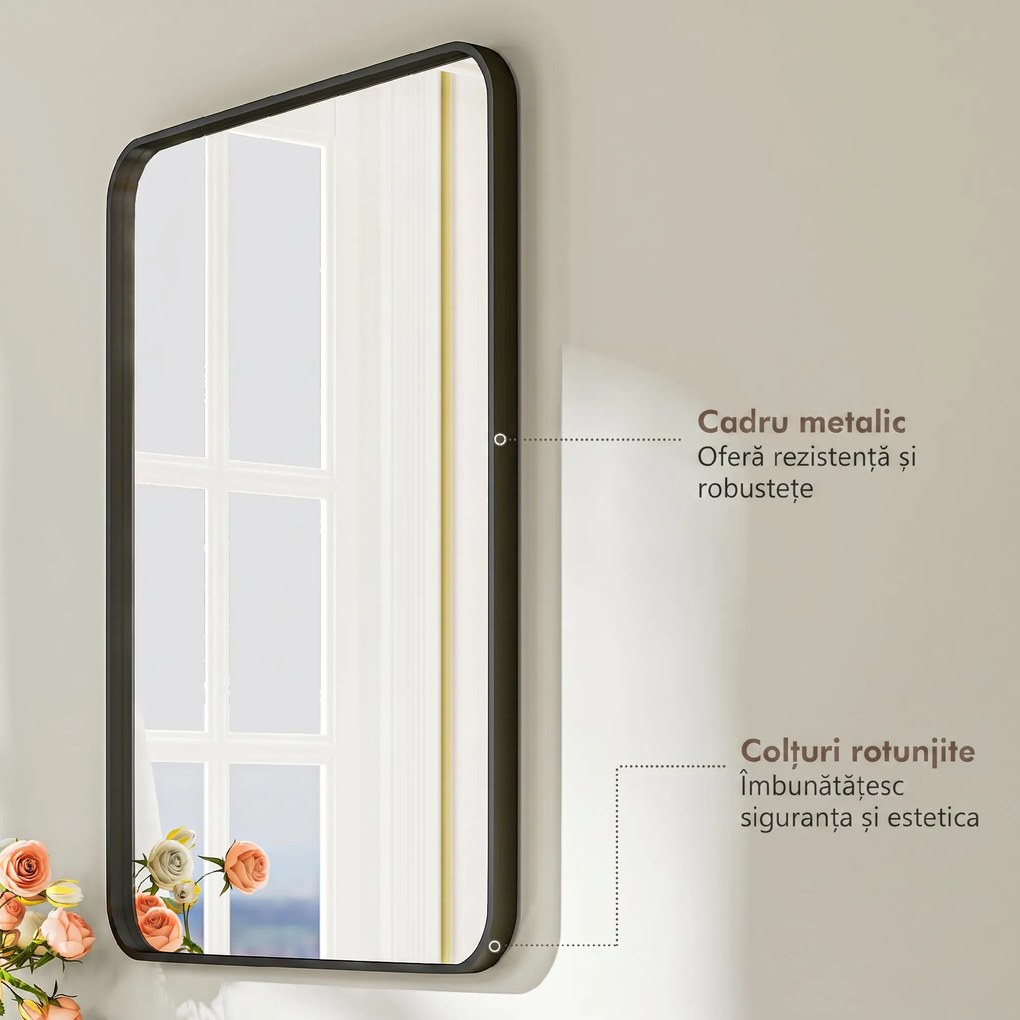 HOMCOM Oglindă de Baie 60 x 80 cm Oglindă Decorativă de Perete cu Ramă Metalică și Cârlig Ușor de Agățat pentru Sufragerie, Hol, Intrare - Negru | Aosom Romania