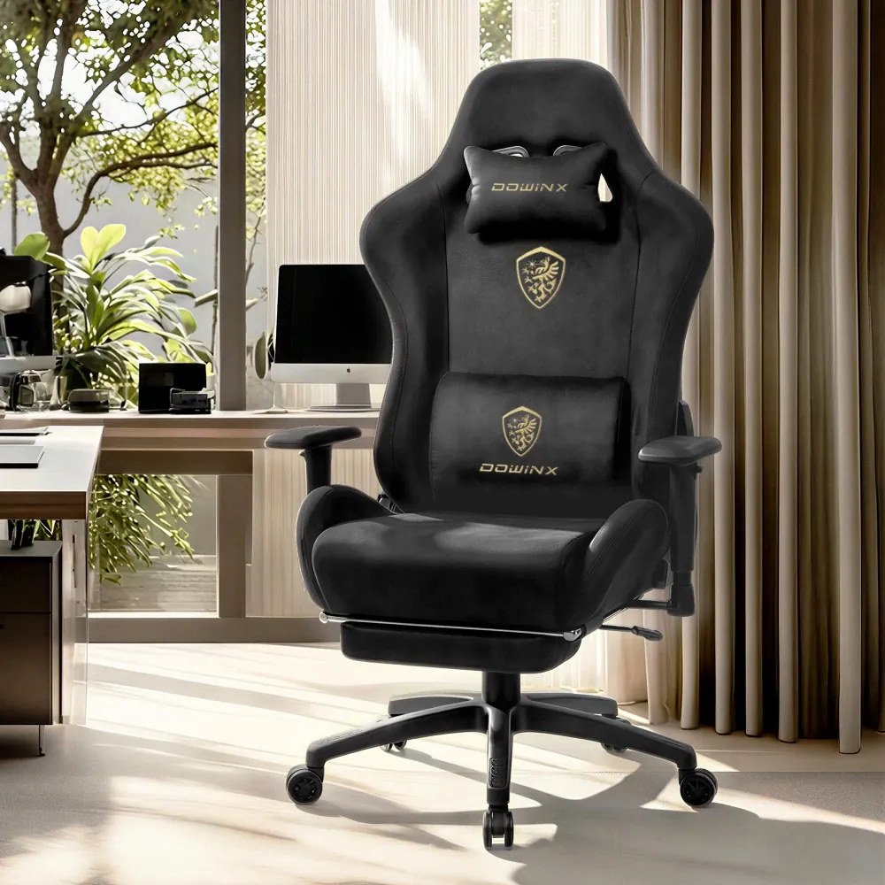 DOWINX 68A - Scaun Gaming Ergonomic, Extra-Lat și Construcție Heavy-Duty, Masaj in perna lombara, Material Textil respirabil, Suport picioare, Roti Silicon, Rezistent 150 kg, Negru