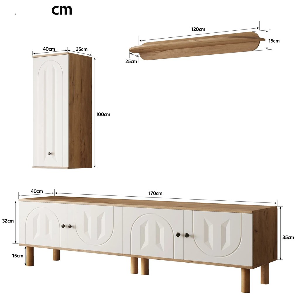 Set mobilier living 3 piese, compus din dulap înalt, comodă joasă și etajeră de perete, Culoare naturală