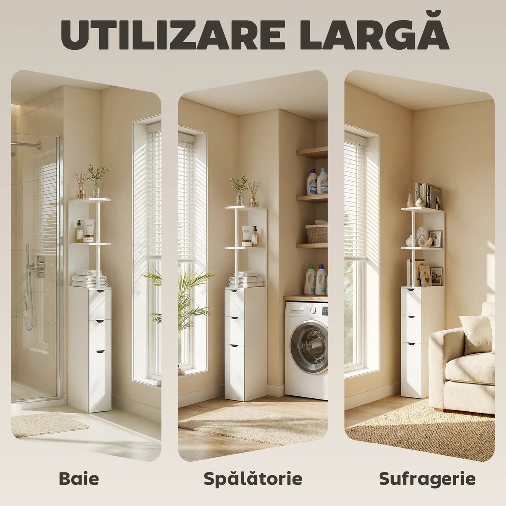 HOMCOM Dulap de Baie din Lemn cu Rafturi și Sertare, 15x33x136 cm, Lemn Natural | Aosom Romania