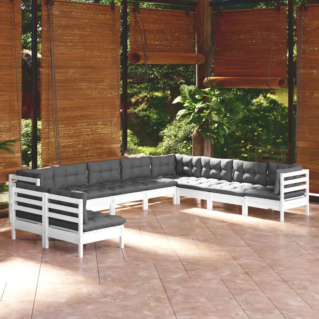 vidaXL Set mobilier grădină cu perne, 10 piese, alb, lemn masiv pin