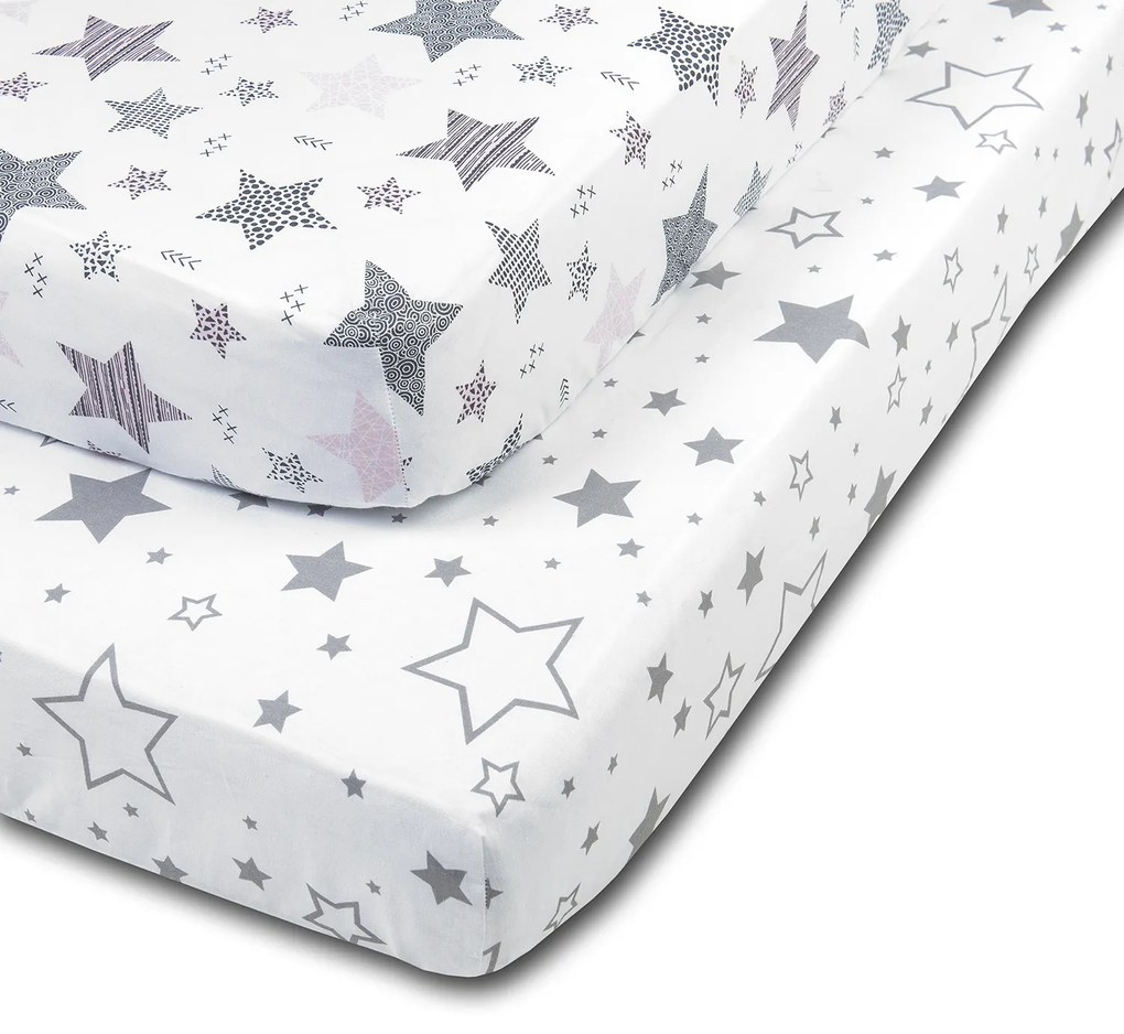 Set 2 cearceafuri din bumbac cu elastic  roata pentru patut 120x60 cm Kidizi Galaxy Grey Pink Stars